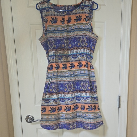 Derek Heart LARGE Blue & Orange MINI/MIDI Sundress BRIGHT BOLD FUN ZIP POCKETS - Picture 1 of 12